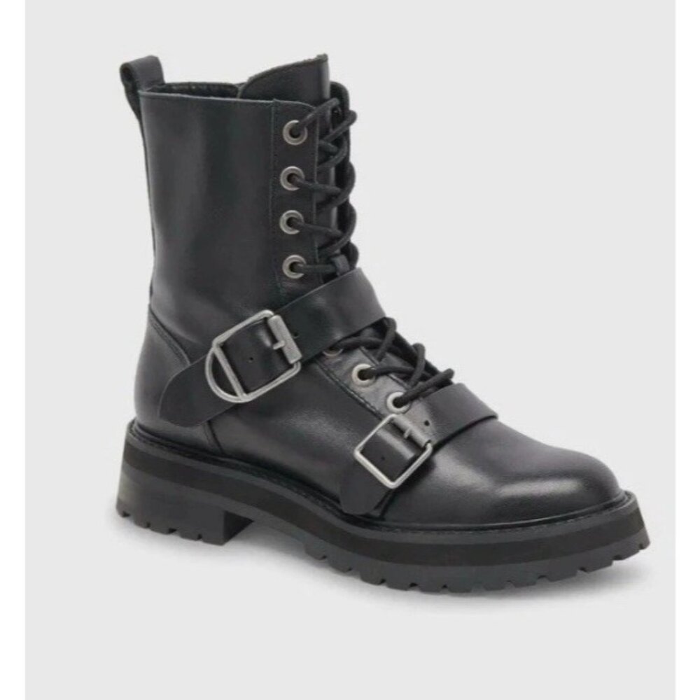 Dolce Vita Ronson Black Leather Combat Boots Straps Lug Sole SZ 7.5 NEW
